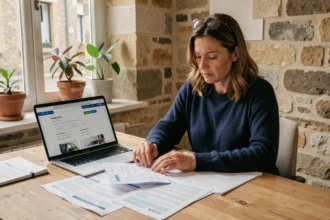 Femme consultant des documents d'assurance auto sur un bureau en bois dans un appartement de Rennes