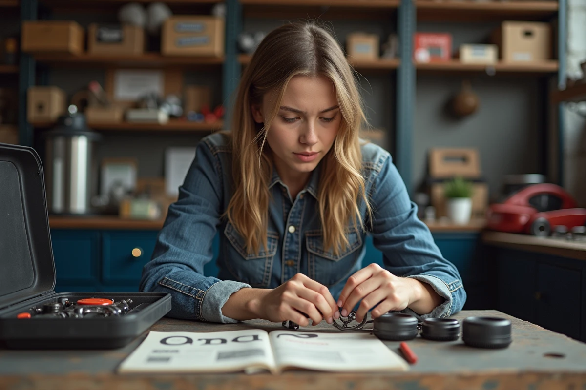 Jeune femme examine une pièce auto dans un garage organisé