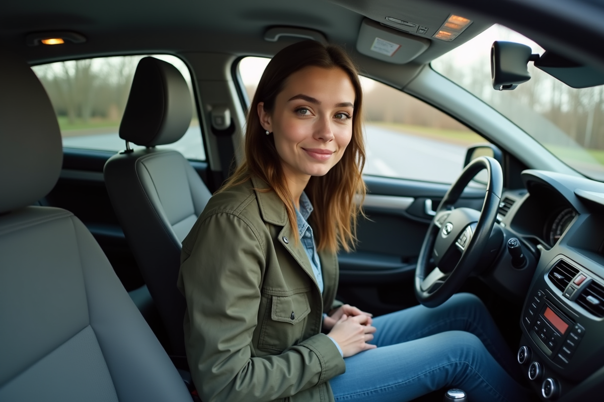 Jeune femme attachant sa ceinture dans une voiture en suburbain