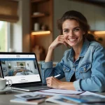 Femme souriante en cuisine avec ordinateur et brochures