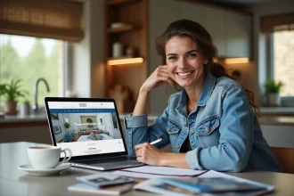 Femme souriante en cuisine avec ordinateur et brochures