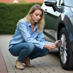 Jeune femme vérifiant la pression du pneu d'une voiture