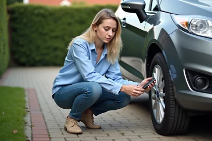 Jeune femme vérifiant la pression du pneu d'une voiture