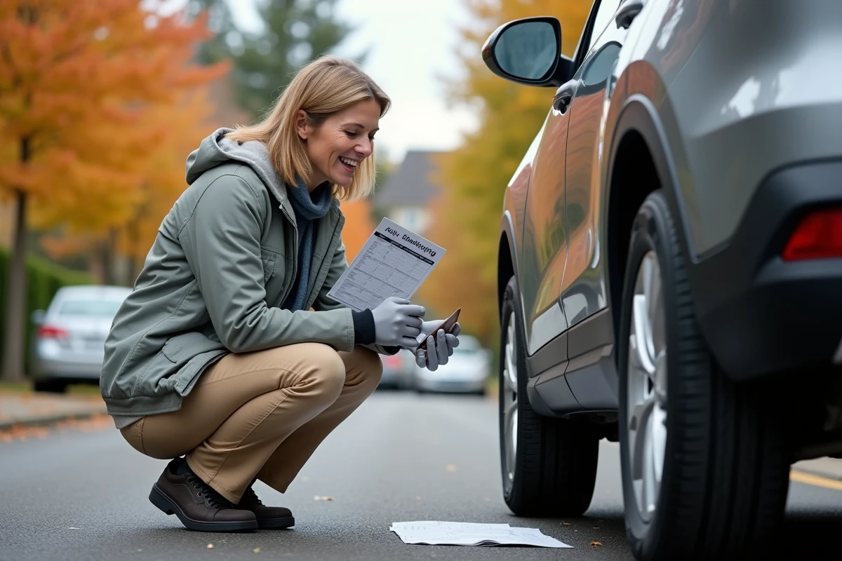 Femme comparant deux pneus de SUV familial dans une allée résidentielle avec un guide de sélection de pneus