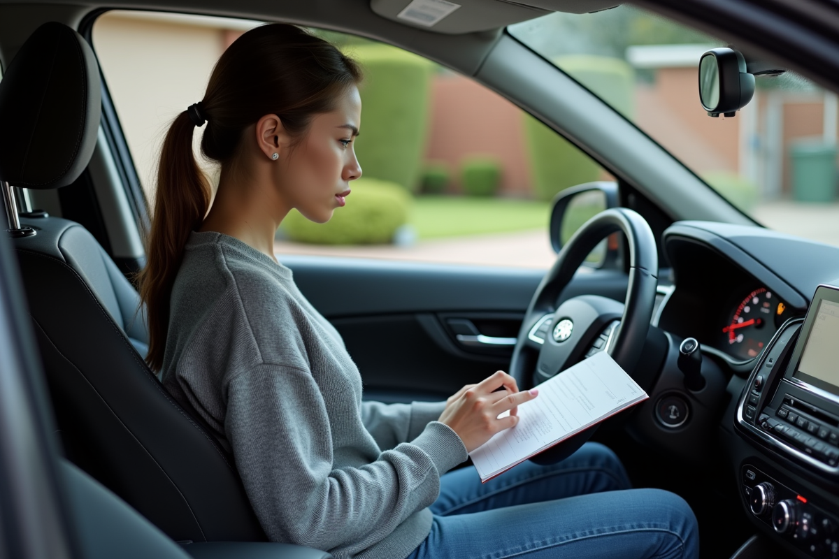 Jeune femme regardant le tableau de bord de sa voiture