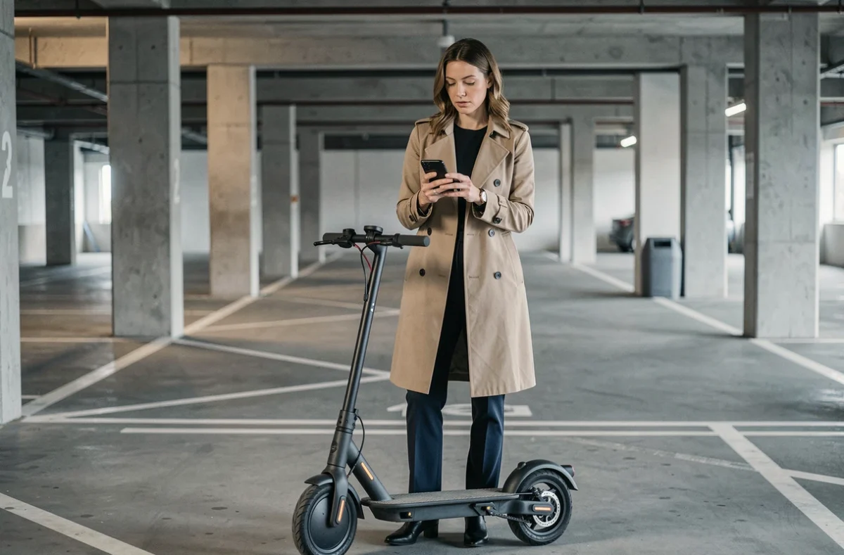 Femme active consultant son téléphone près d'un scooter électrique dans un parking, représentant un profil conducteur expérimenté pour une comparaison d'assurance