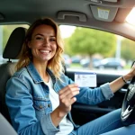Femme souriante tenant son permis de conduire français dans une voiture