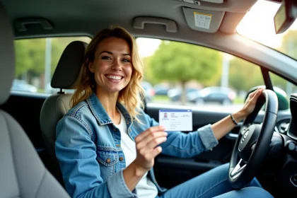 Femme souriante tenant son permis de conduire français dans une voiture