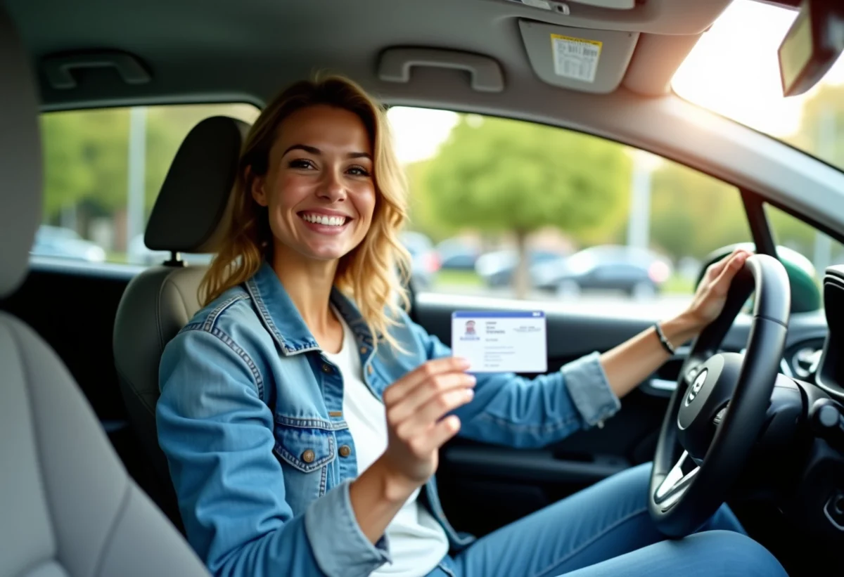 Femme souriante tenant son permis de conduire français dans une voiture