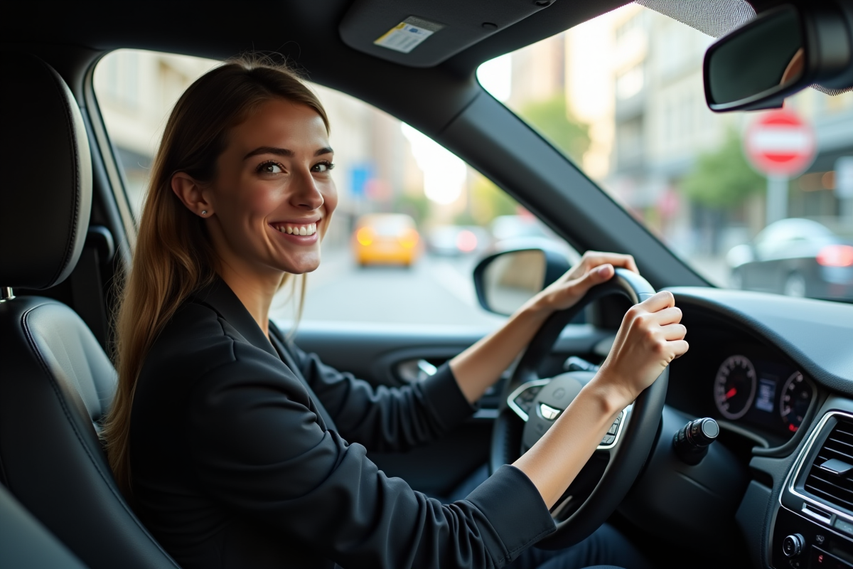 Jeune femme souriante conduit une voiture en ville