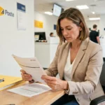 Femme consultant un contrat d'assurance auto La Poste dans une agence postale moderne