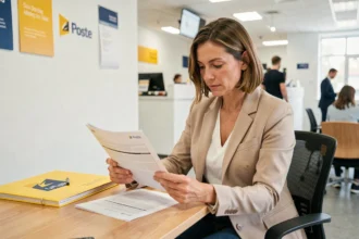 Femme consultant un contrat d'assurance auto La Poste dans une agence postale moderne