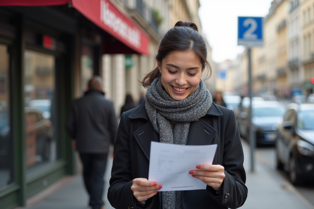 Femme vérifiant son permis de conduire dans une rue urbaine