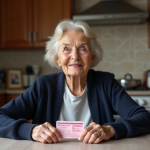 Femme âgée française tenant son permis de conduire rose