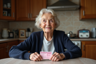 Femme âgée française tenant son permis de conduire rose