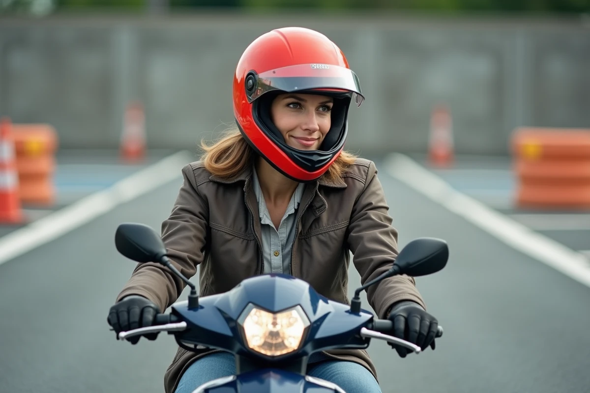 Femme en tenue moto sur un scooter trois roues lors d'un examen de permis sur circuit, montrant les exigences du permis B et A1