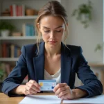 Femme examinant sa date de délivrance sur son permis de conduire français à son bureau