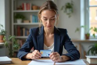 Femme examinant sa date de délivrance sur son permis de conduire français à son bureau