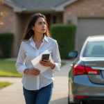 Jeune femme hispanique avec smartphone devant une voiture Texas