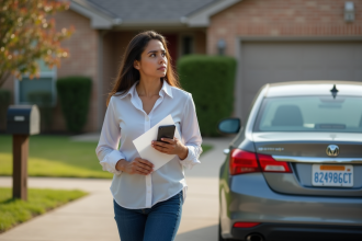 Jeune femme hispanique avec smartphone devant une voiture Texas