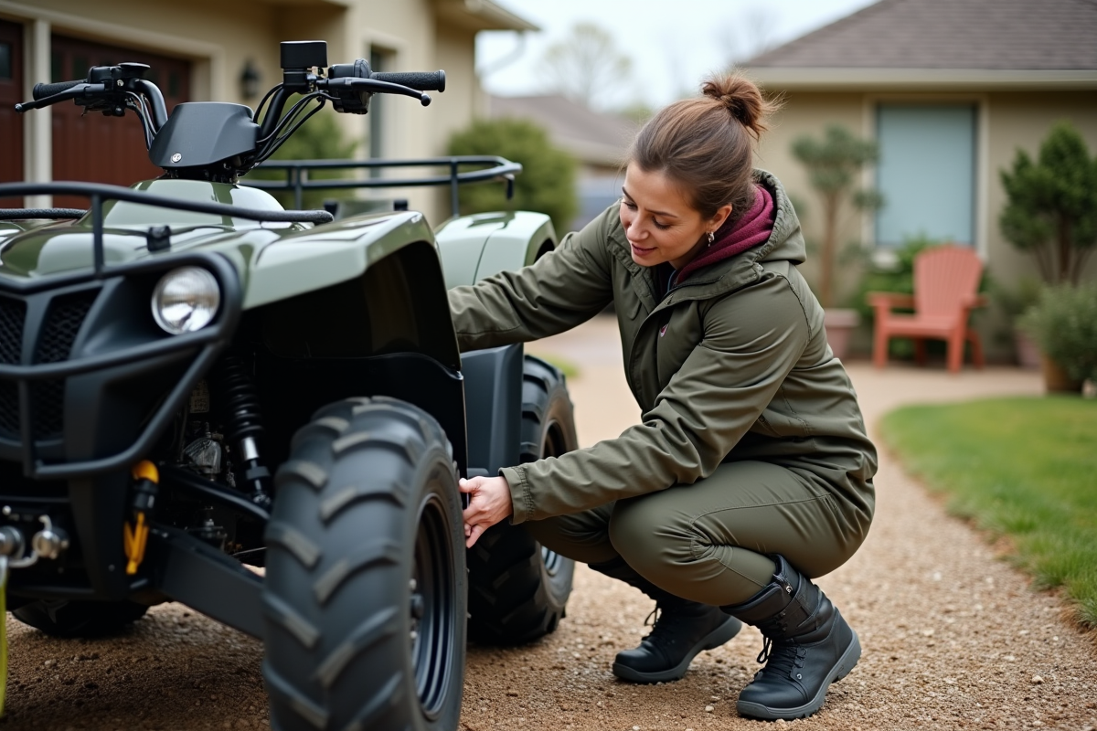Femme inspectant un quad d