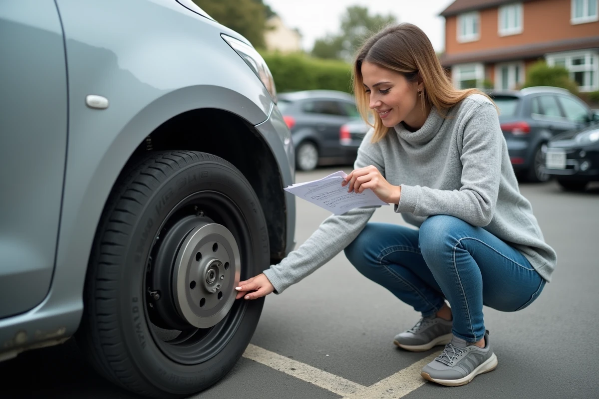 Femme inspectant les pièces du train roulant d'une voiture, frein et roue, sur un parking