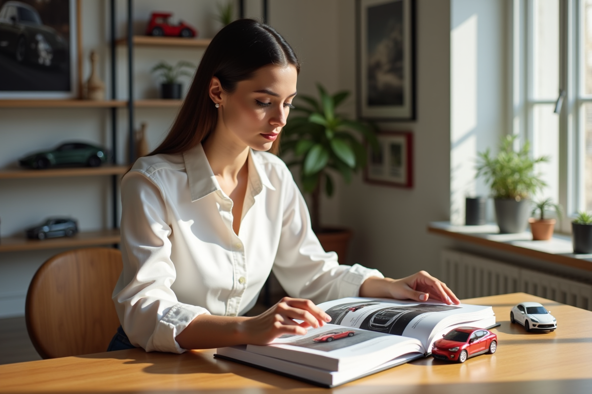 Jeune femme examine un guide de voitures électriques dans un intérieur lumineux
