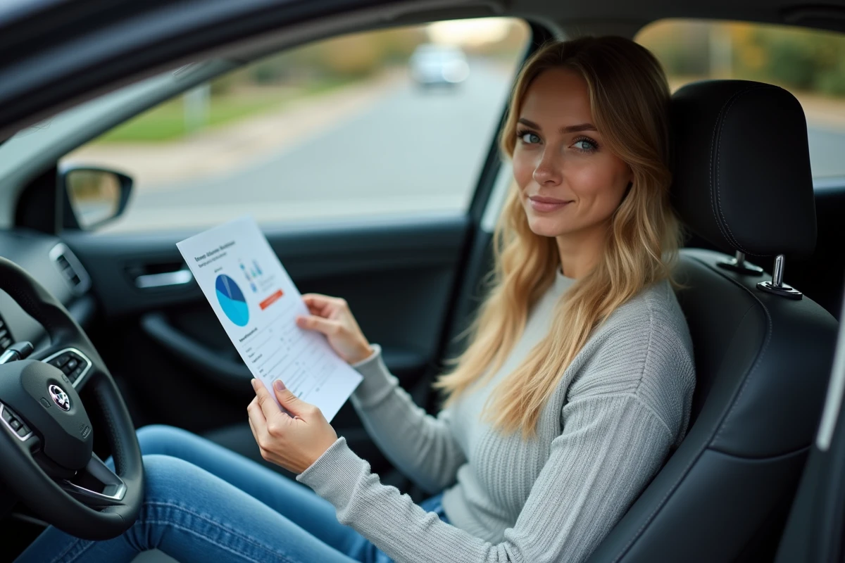 Jeune femme lisant un rapport de diagnostic dans sa voiture