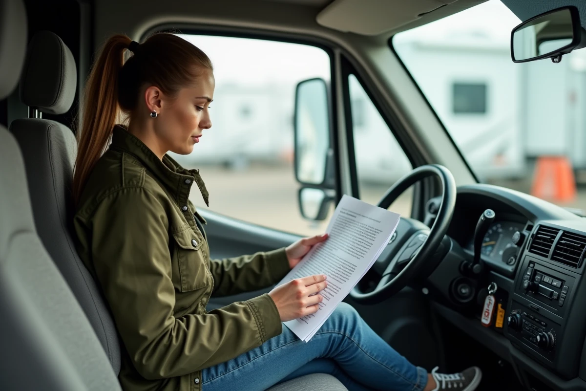 Jeune femme lisant des papiers dans un camping-car