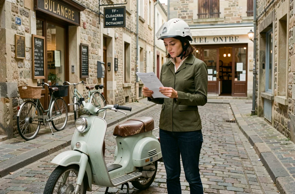 Jeune femme consultant un document réglementaire à côté d'une Mobylette dans une rue pavée française