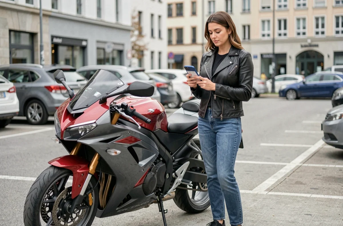 Femme motarde consultant son smartphone pour comparer des devis assurance moto dans un parking urbain