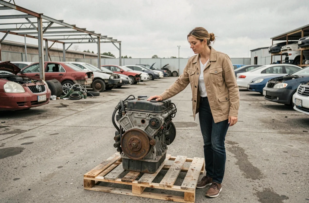 Femme examinant un moteur d'occasion dans une casse automobile pour réparation après sinistre