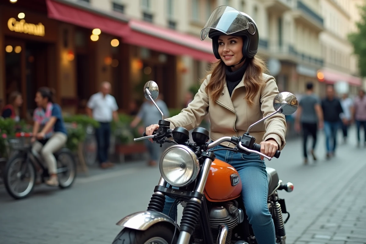 Femme en casque moderne sur une moto vintage en ville