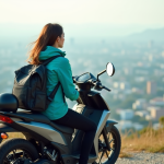 Jeune femme en windbreaker regarde l horizon depuis une moto électrique