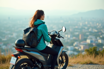 Jeune femme en windbreaker regarde l horizon depuis une moto électrique
