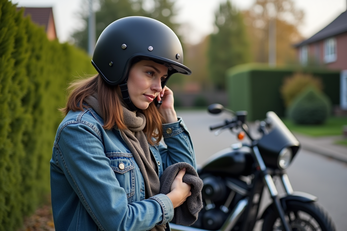 Jeune femme nettoyant son casque de moto noir mat