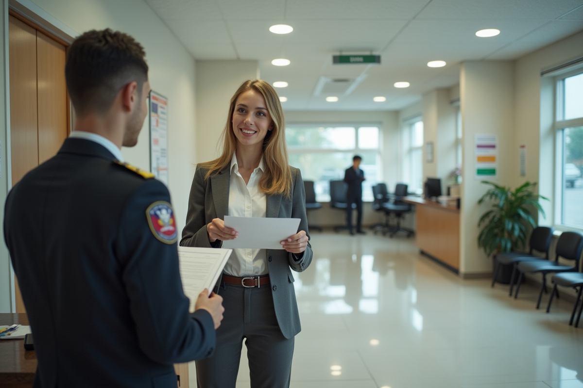 Jeune femme en costume remet un formulaire à un agent administratif