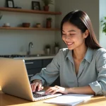 Jeune femme utilisant son ordinateur pour une assurance voiture