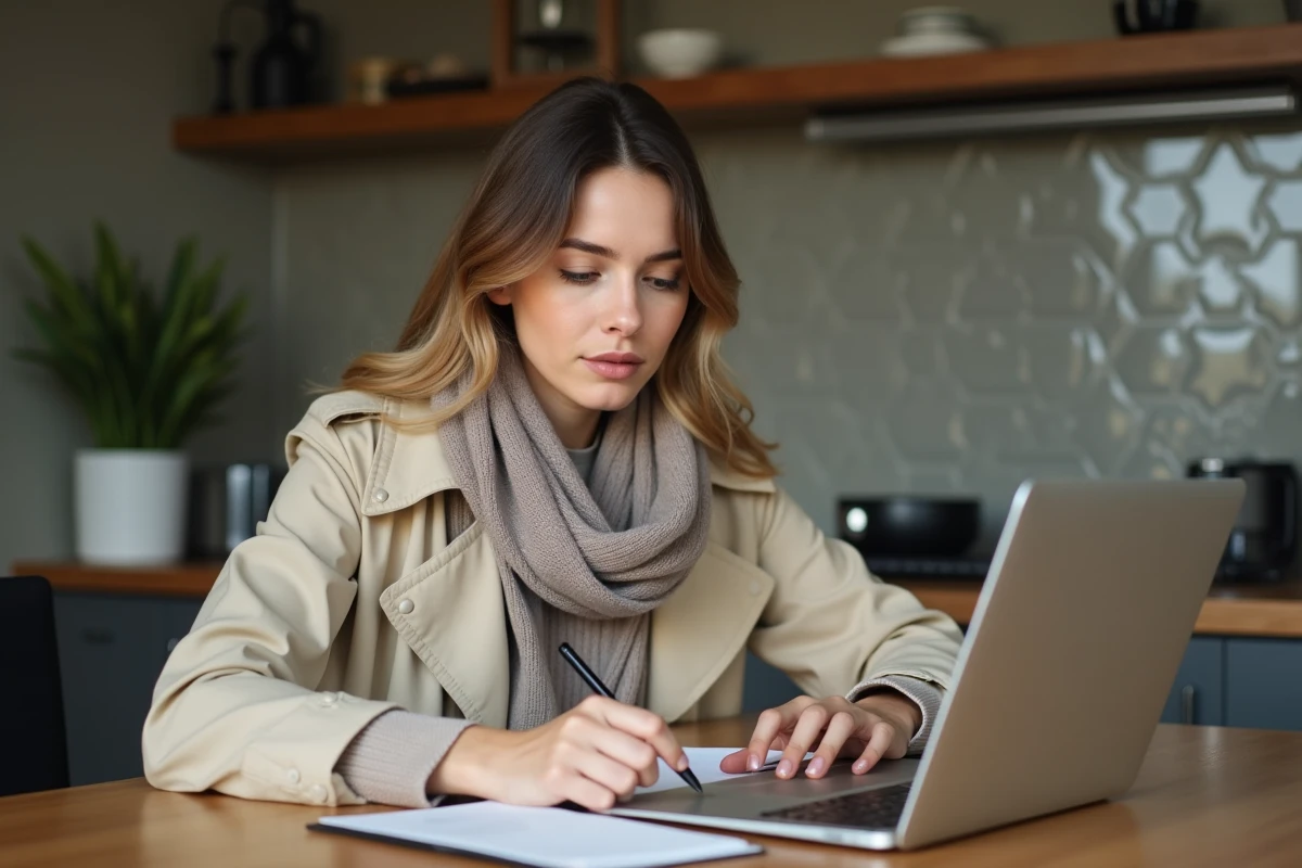 Jeune femme consulte sites de pneus sur son ordinateur portable