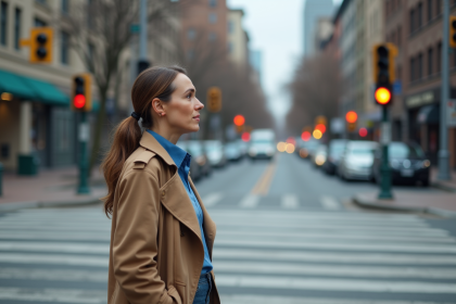 Femme en trench et blouse bleue attend au passage piéton