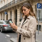 Femme utilisant l'application PayByPhone sur smartphone pour payer le stationnement dans une rue parisienne