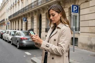 Femme utilisant l'application PayByPhone sur smartphone pour payer le stationnement dans une rue parisienne