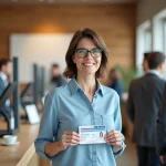 Femme souriante tenant son permis de conduire français