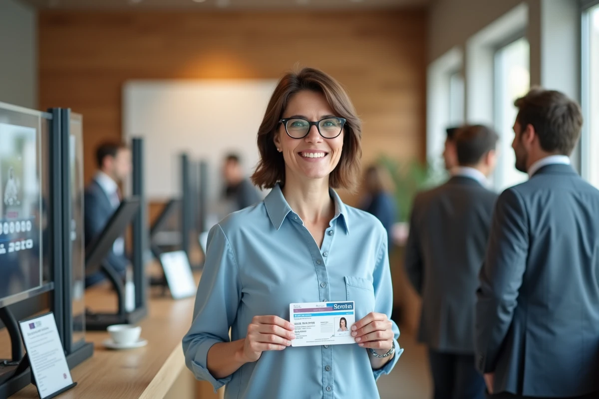 Femme souriante tenant son permis de conduire français