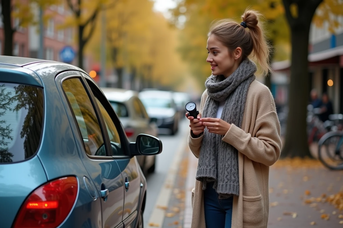 Jeune femme vérifie la pression des pneus de sa Peugeot 206