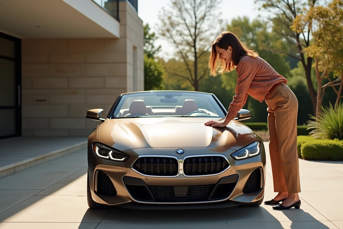 Femme polissant une BMW cabriolet dans une cour moderne