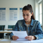Femme remplissant des formulaires dans une préfecture française