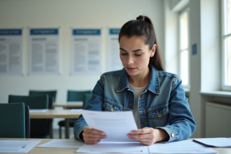 Femme remplissant des formulaires dans une préfecture française