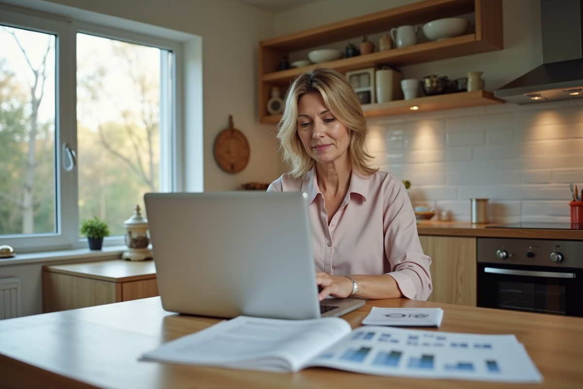 Femme utilisant un ordinateur pour rechercher la taxe auto