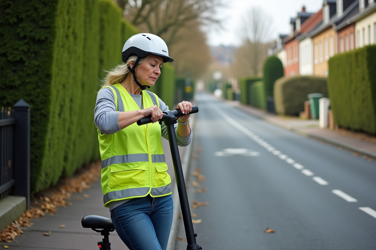 Femme portant un gilet réfléchissant attachant son casque près de son scooter